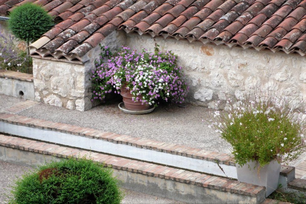 a Medieval stone courtyard with potted flowers