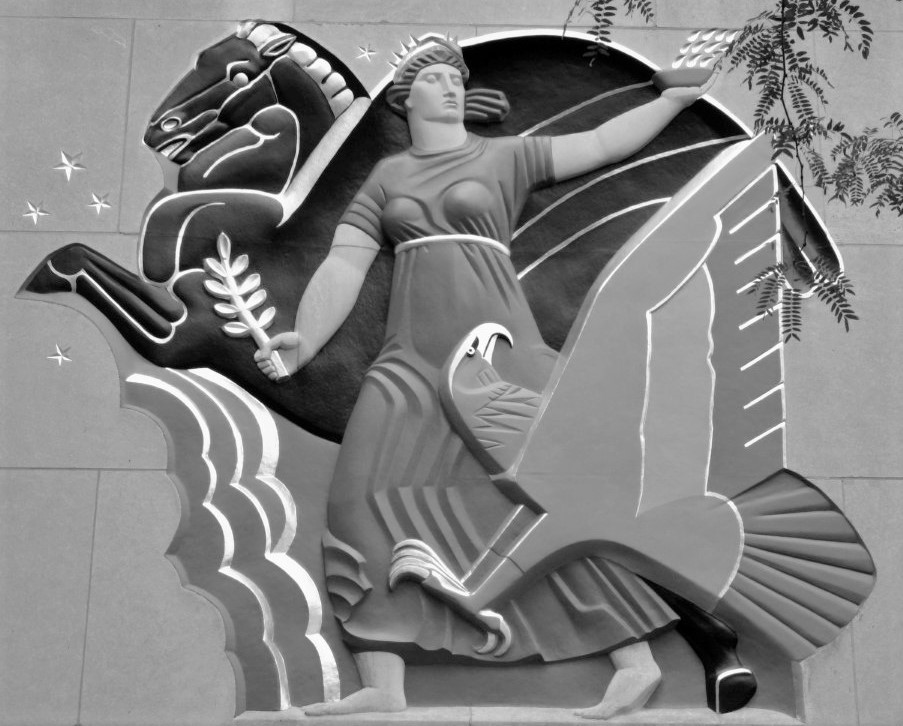 A black-and-white photo of an Art-Deco fresco depicting the Roman Goddess Juno with an eagle and a horse