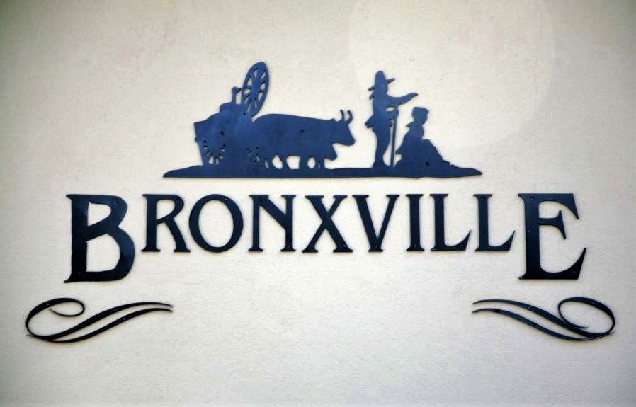 A sign on a white plaster wall that reads 'Bronxville' in antique typography