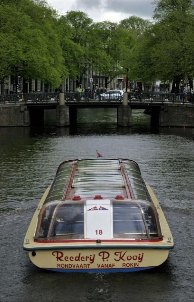 An above view of a canal boat floating along a canal