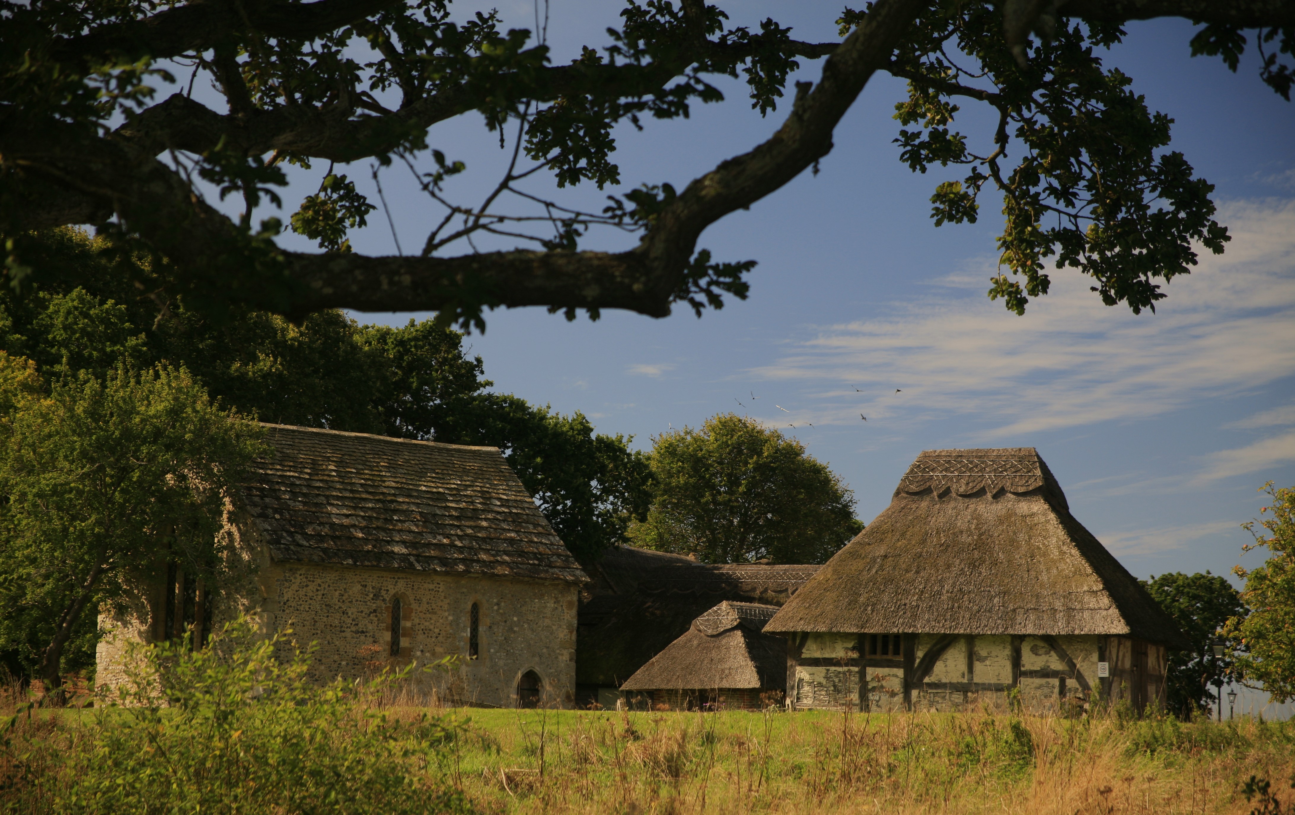 Two old stone cottage with thatched roofs in a meadow