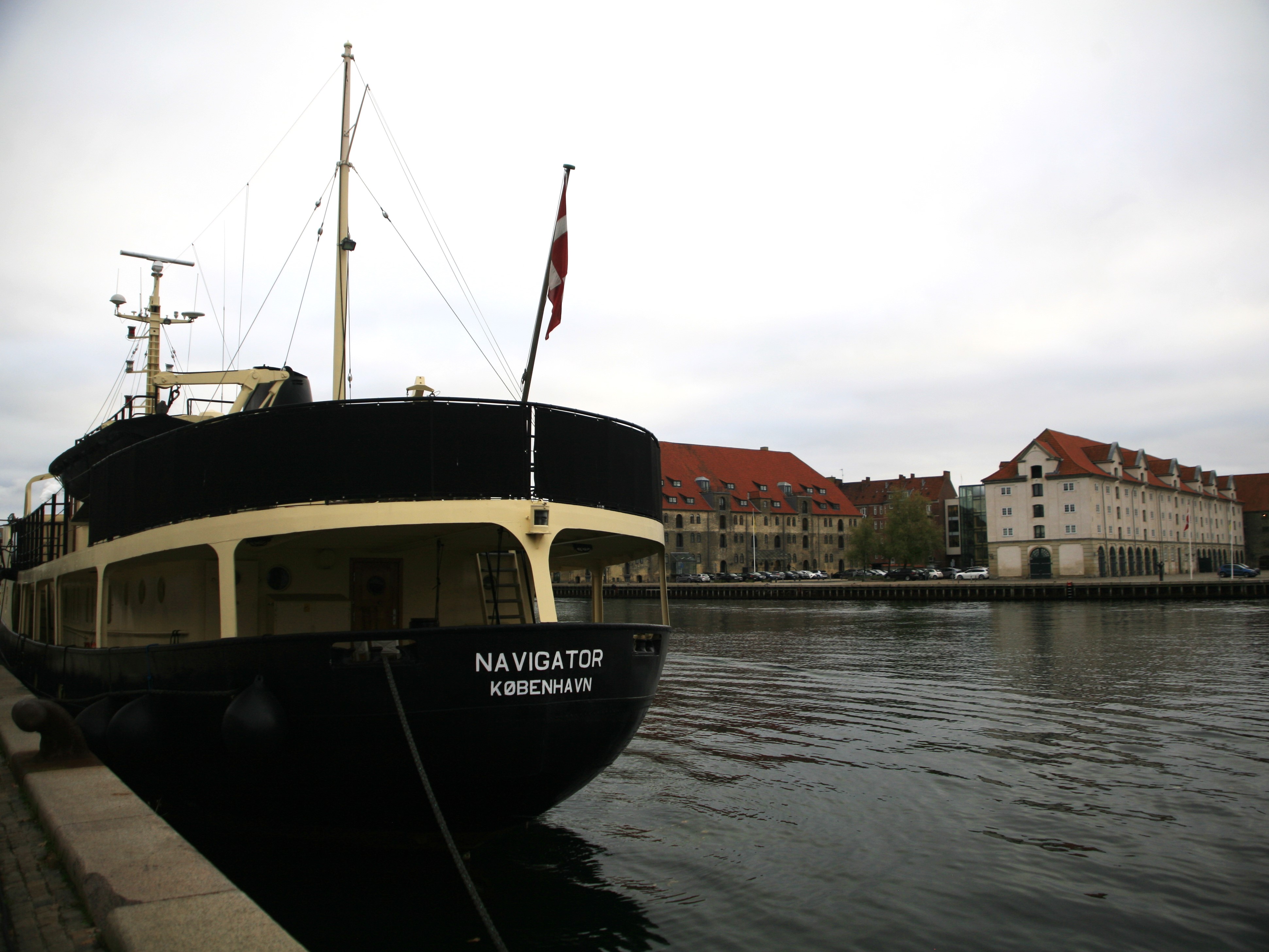 A riverboat docked at the Port of Copenhagen